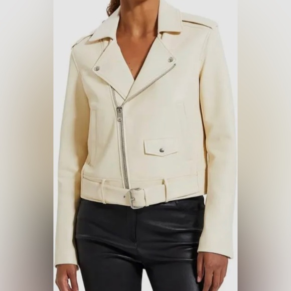 $995 Theory Women's Beige Leather Casual Moto Biker Jacket Size Large - Picture 1 of 6
